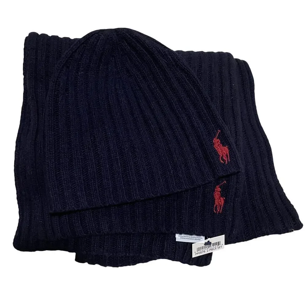 Polo Ralph Lauren Beanie & Scarf Set | Navy Rib Knit Lambswool Blend NWT